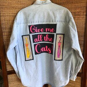 Upcycled Denim Cat Shirt (Size L): Kitty Graphics, Patchwork Festival Jacket